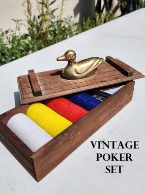 Vintage Wooden Poker Chip Set with Brass Duck Finial Handle Mid-Century Game